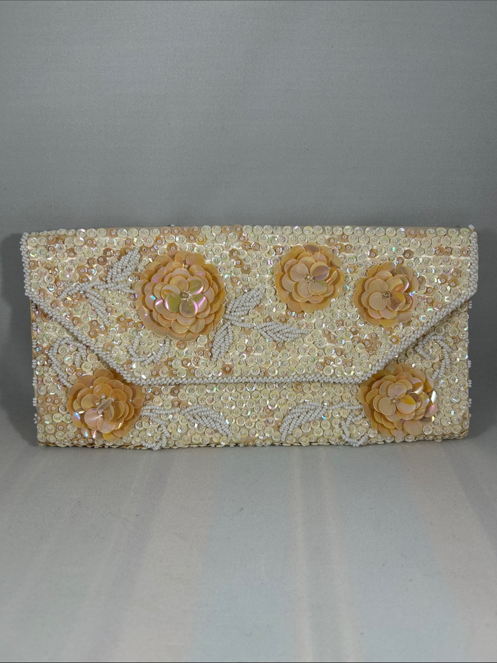 Vintage Embellished Ivory Sequin Floral Clutch - Women Bags